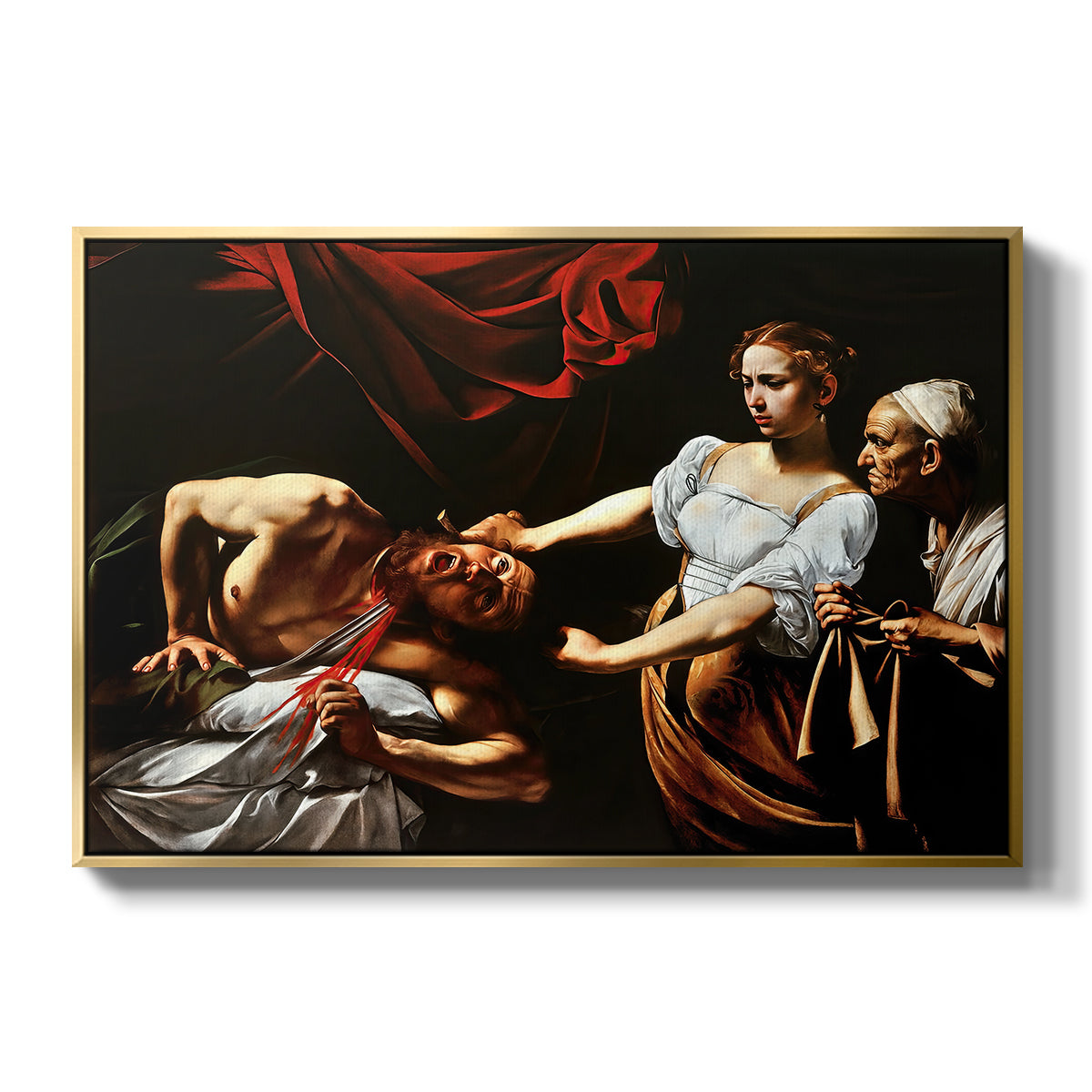 Judith Beheading Holofernes, c. 1599 by Caravaggio in a gold floater framed canvas wall art display.