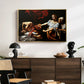 Judith Beheading Holofernes, c. 1599 by Caravaggio displayed in a gold floater framed canvas above a dark wood credenza in an entryway.