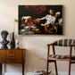 Judith Beheading Holofernes, c. 1599 by Caravaggio as a gold floater framed canvas featuring an intense moment of Judith slaying Holofernes with sword, styled above a mid-century console in a contemporary living area.