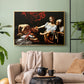 Gold floater framed canvas featuring a violent religious narrative with strong contrast of light and shadow, displayed above a sofa in a modern living room.