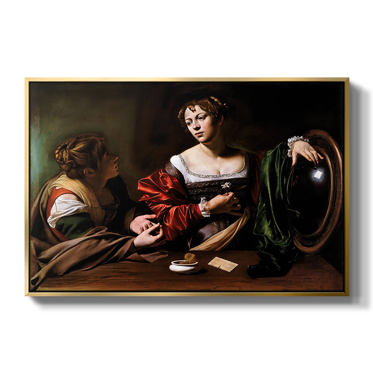 Martha and Mary Magdalene, c. 1598 by Caravaggio in a gold floater framed canvas wall art display.