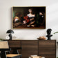 Martha and Mary Magdalene, c. 1598 by Caravaggio displayed in a gold floater framed canvas above a dark wood credenza in an entryway.