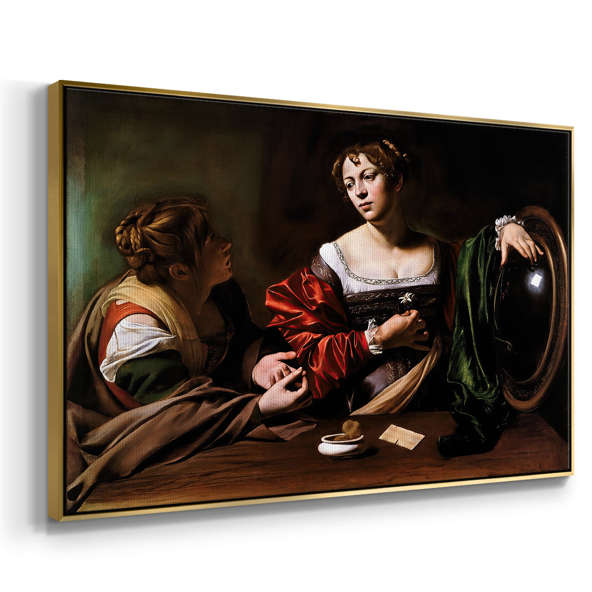 Angled view of Martha and Mary Magdalene, c. 1598 by Caravaggio in a gold floater framed canvas.