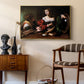 Martha and Mary Magdalene, c. 1598 by Caravaggio as a gold floater framed canvas featuring an intimate interaction between two women with mirror and objects, styled above a mid-century console in a contemporary living area.