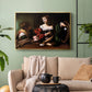Gold floater framed canvas featuring a religious interior scene with figures engaged in thoughtful dialogue, displayed above a sofa in a modern living room.