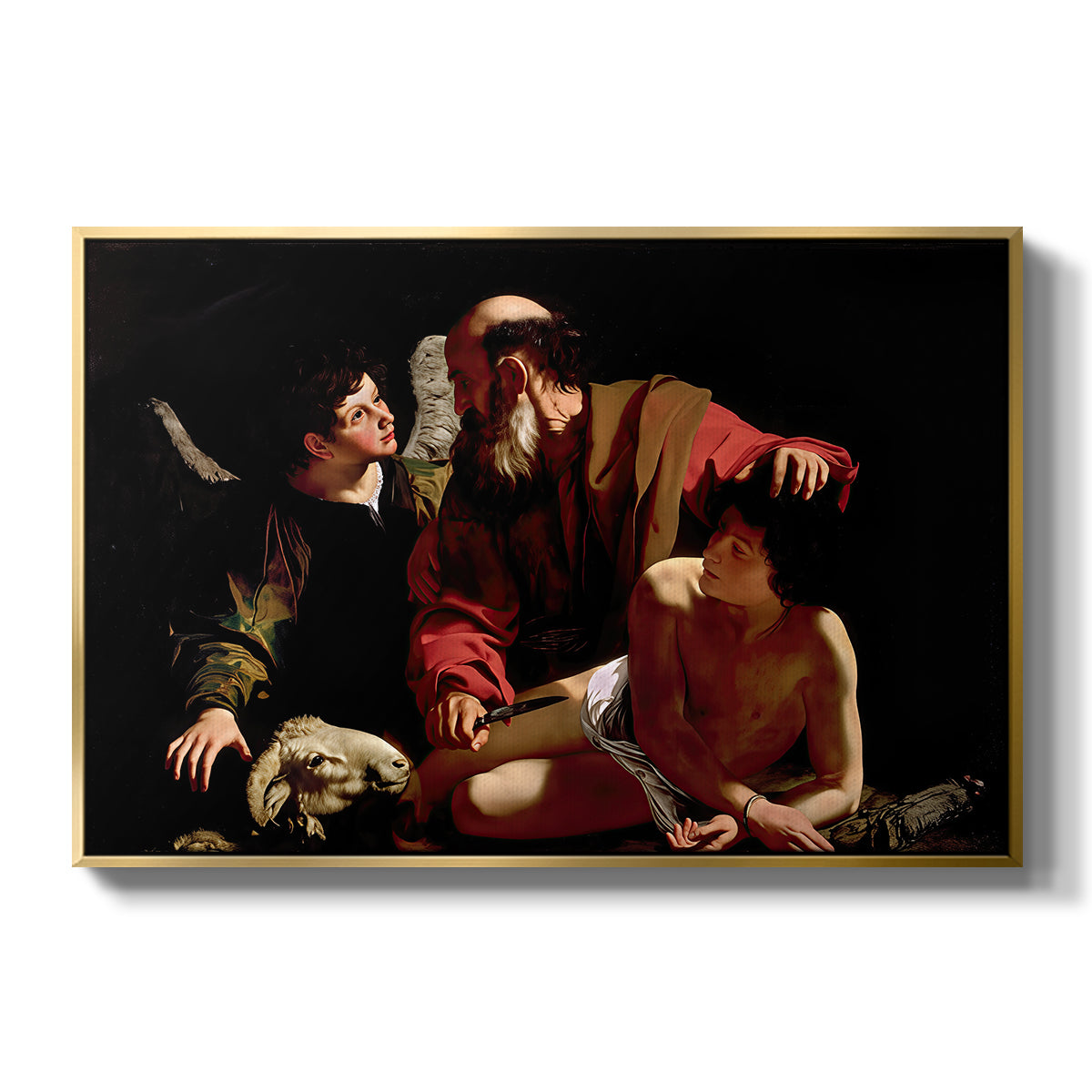The Sacrifice of Isaac (Uffizi Version), c. 1603 by Caravaggio in a gold floater framed canvas wall art display.
