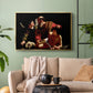 Gold floater framed canvas featuring an intense religious narrative with figures in close physical struggle, displayed above a sofa in a modern living room.