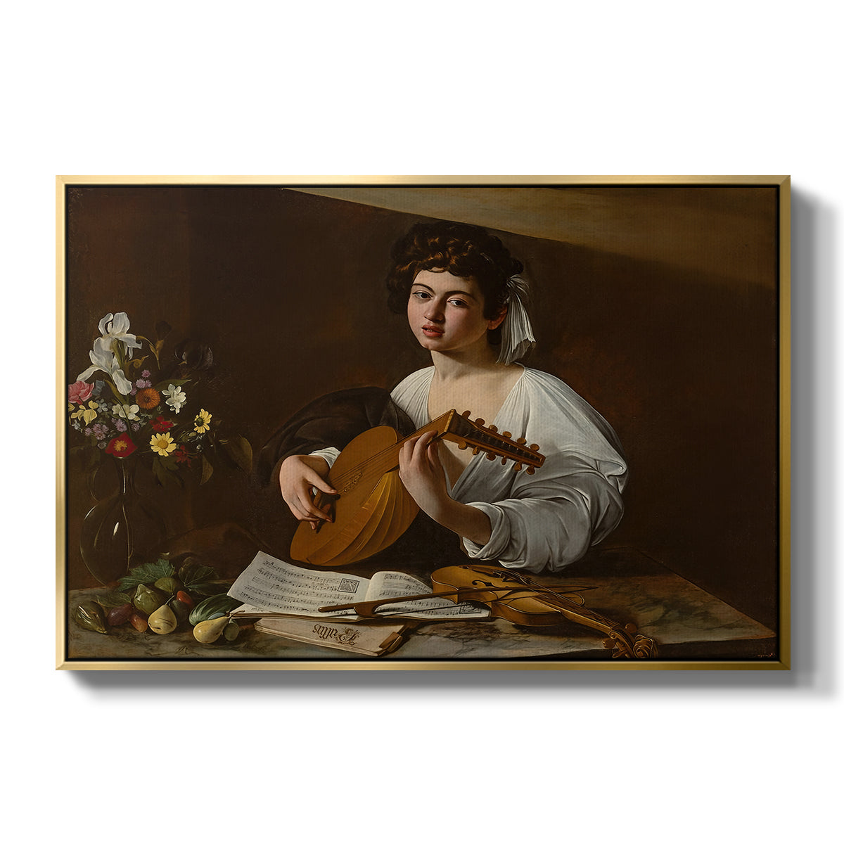 The Lute Player (Hermitage Version), c. 1596 by Caravaggio in a gold floater framed canvas wall art display.