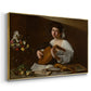 Angled view of The Lute Player (Hermitage Version), c. 1596 by Caravaggio in a gold floater framed canvas.