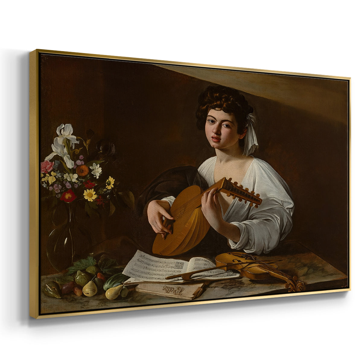 Angled view of The Lute Player (Hermitage Version), c. 1596 by Caravaggio in a gold floater framed canvas.
