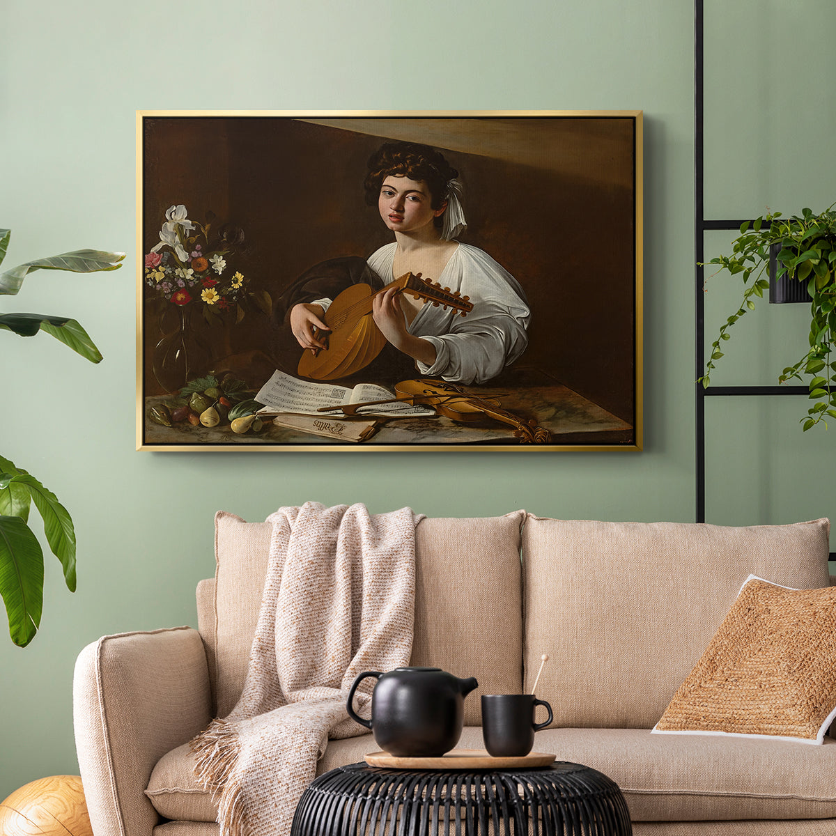 Gold floater framed canvas featuring a Baroque depiction of musician with detailed textures and lighting, displayed above a sofa in a modern living room.