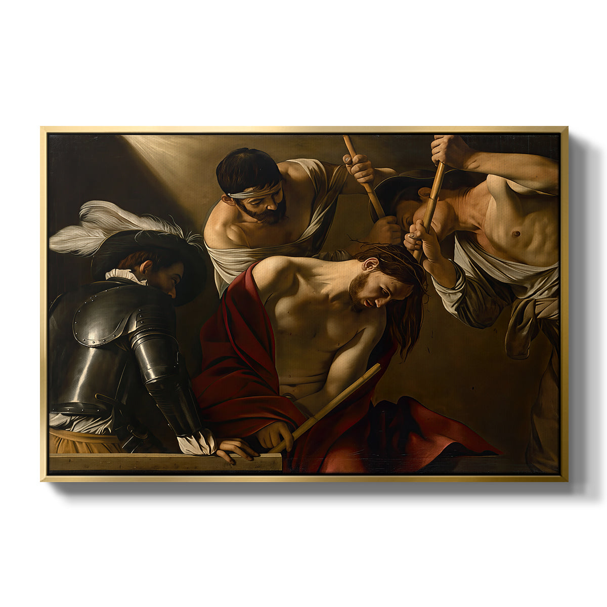 The Crowning with Thorns (Vienna Version), c. 1602-1604 by Caravaggio in a gold floater framed canvas wall art display.