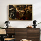 The Crowning with Thorns (Vienna Version), c. 1602-1604 by Caravaggio displayed in a gold floater framed canvas above a dark wood credenza in an entryway.