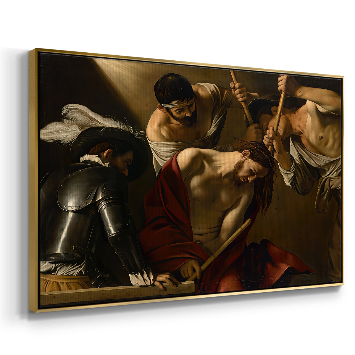 Angled view of The Crowning with Thorns (Vienna Version), c. 1602-1604 by Caravaggio in a gold floater framed canvas.