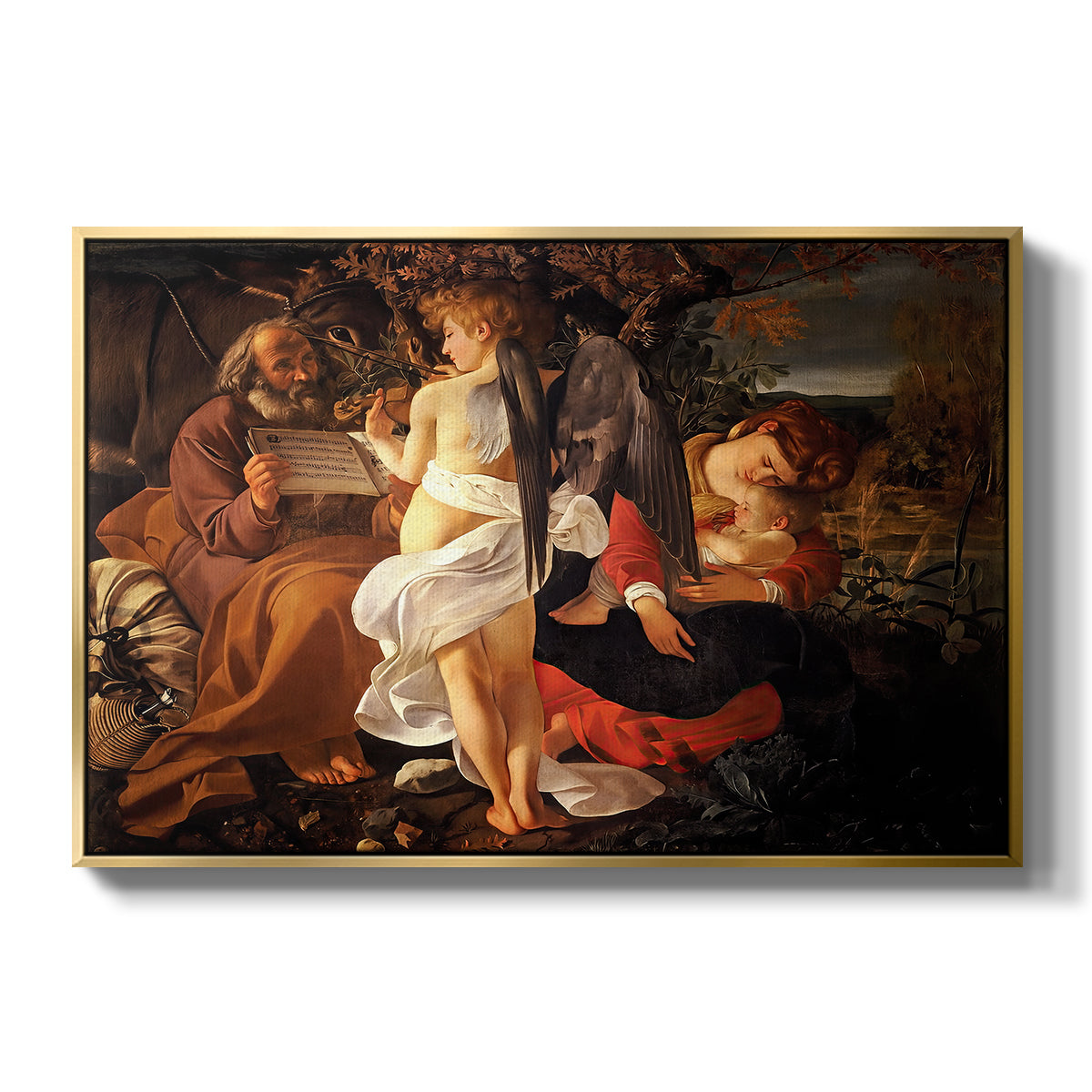 Rest on the Flight into Egypt, c. 1597 by Caravaggio in a gold floater framed canvas wall art display.