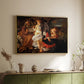 Gold floater framed canvas of Rest on the Flight into Egypt, c. 1597 by Caravaggio, featuring a biblical scene of Mary, Joseph, and infant resting with angel musician above a sideboard in a softly lit hallway.