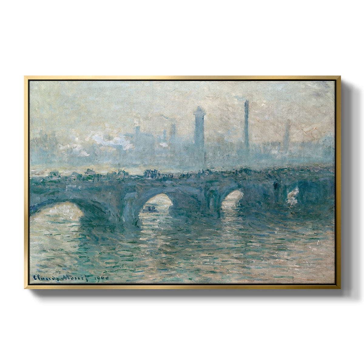 Waterloo Bridge, Gray Weather, 1900 by Claude Monet in a gold floater framed canvas wall art display.