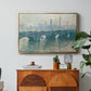 Waterloo Bridge, Gray Weather, 1900 by Claude Monet in a gold floater framed canvas featuring a hazy view of Waterloo Bridge over river in gray atmospheric light, displayed above a wood console cabinet.