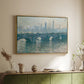 Gold floater framed canvas of Waterloo Bridge, Gray Weather, 1900 by Claude Monet, featuring an impressionist cityscape with bridge fading into fog over water above a sideboard in a softly lit hallway.