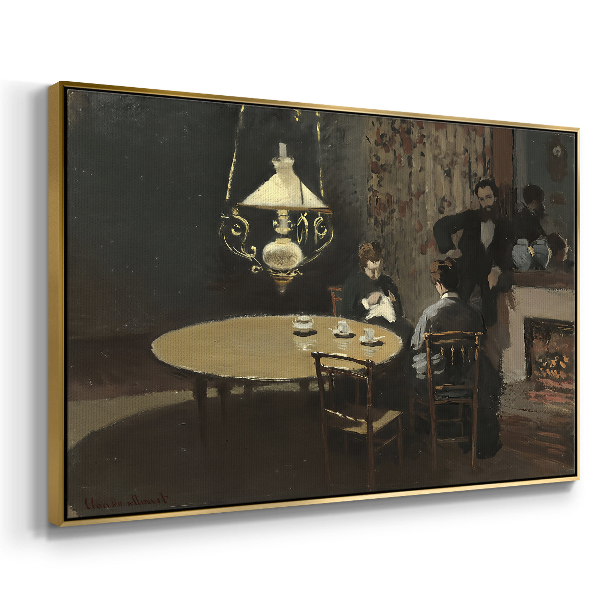 Angled view of Interior, after Dinner, 1868-1869 by Claude Monet in a gold floater framed canvas.