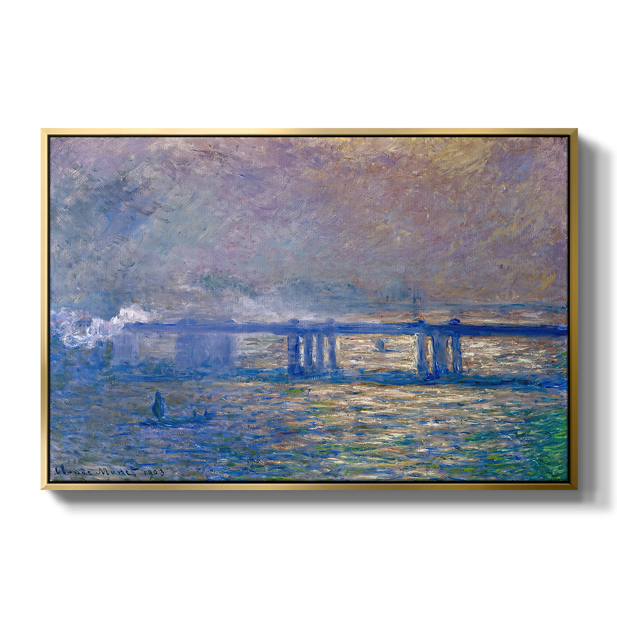 Charing Cross Bridge, 1903 by Claude Monet in a gold floater framed canvas wall art display.