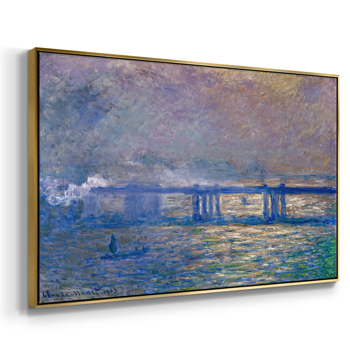Angled view of Charing Cross Bridge, 1903 by Claude Monet in a gold floater framed canvas.