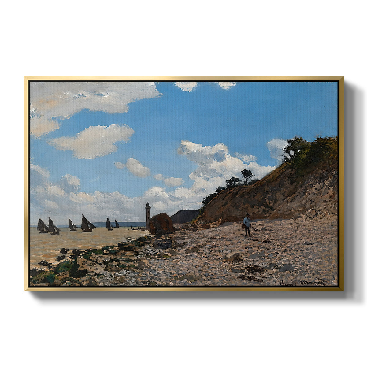 The Beach at Honfleur, 1864 by Claude Monet in a gold floater framed canvas wall art display.