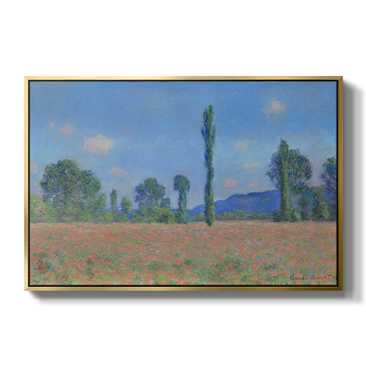 Poppy Field (Giverny), 1890-1891 by Claude Monet in a gold floater framed canvas wall art display.