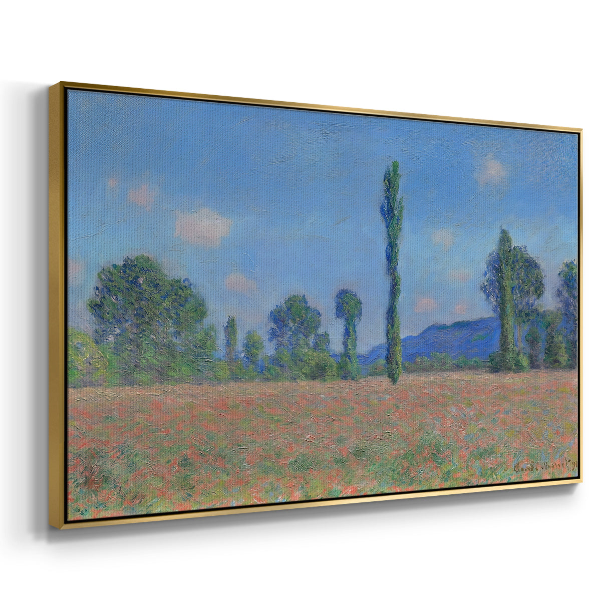 Angled view of Poppy Field (Giverny), 1890-1891 by Claude Monet in a gold floater framed canvas.