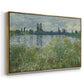 Angled view of Banks of the Seine, Vétheuil, 1880 by Claude Monet in a gold floater framed canvas.