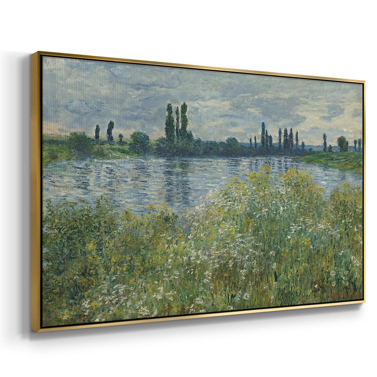 Angled view of Banks of the Seine, Vétheuil, 1880 by Claude Monet in a gold floater framed canvas.