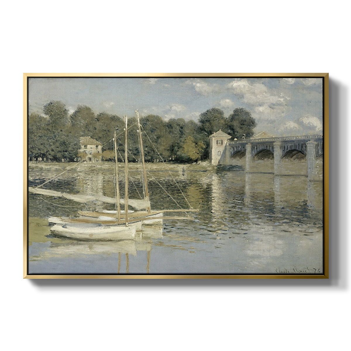 The Bridge at Argenteuil, 1874 by Claude Monet in a gold floater framed canvas wall art display.