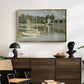 The Bridge at Argenteuil, 1874 by Claude Monet displayed in a gold floater framed canvas above a dark wood credenza in an entryway.