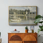 The Bridge at Argenteuil, 1874 by Claude Monet in a gold floater framed canvas featuring a bridge spanning river with sailboats and reflections in water, displayed above a wood console cabinet.