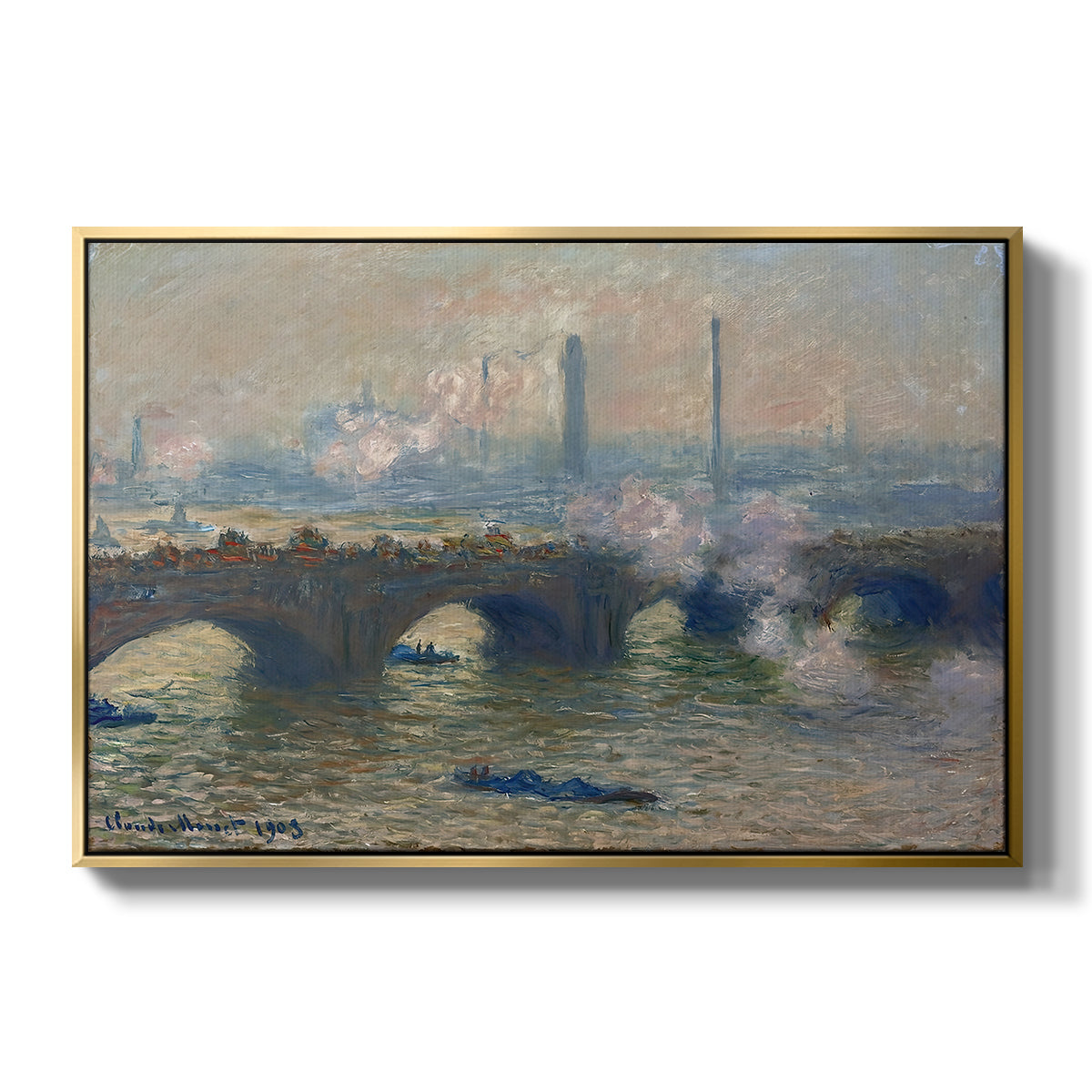 Waterloo Bridge, Gray Day, 1903 by Claude Monet in a gold floater framed canvas wall art display.