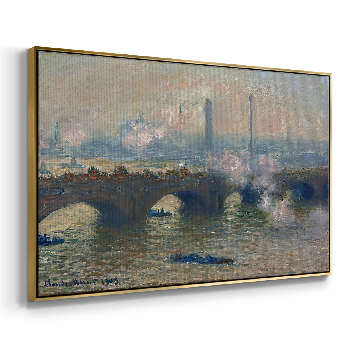 Angled view of Waterloo Bridge, Gray Day, 1903 by Claude Monet in a gold floater framed canvas.