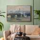Gold floater framed canvas featuring a foggy London bridge view with softened architectural forms, displayed above a sofa in a modern living room.