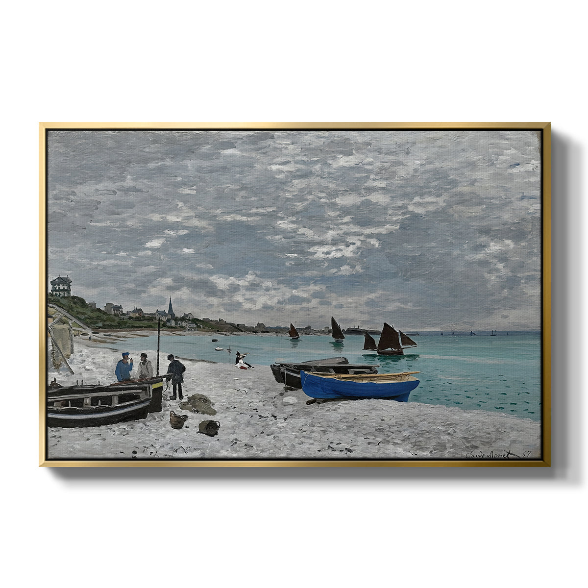 The Beach at Sainte-Adresse, 1867 by Claude Monet in a gold floater framed canvas wall art display.