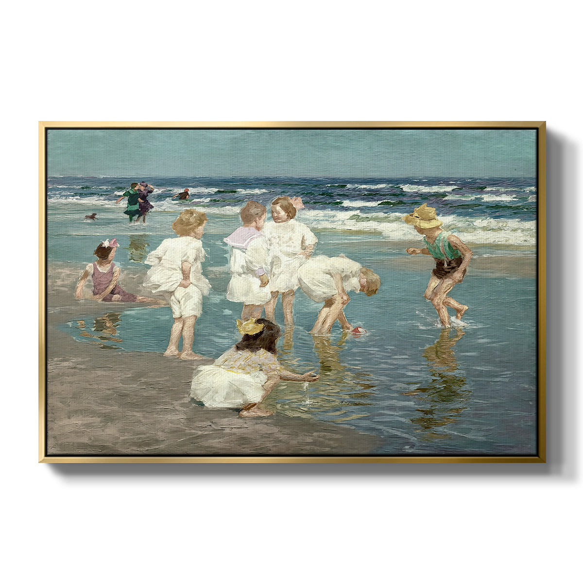 A Holiday, c. 1915 by Edward Henry Potthast in a gold floater framed canvas wall art display.
