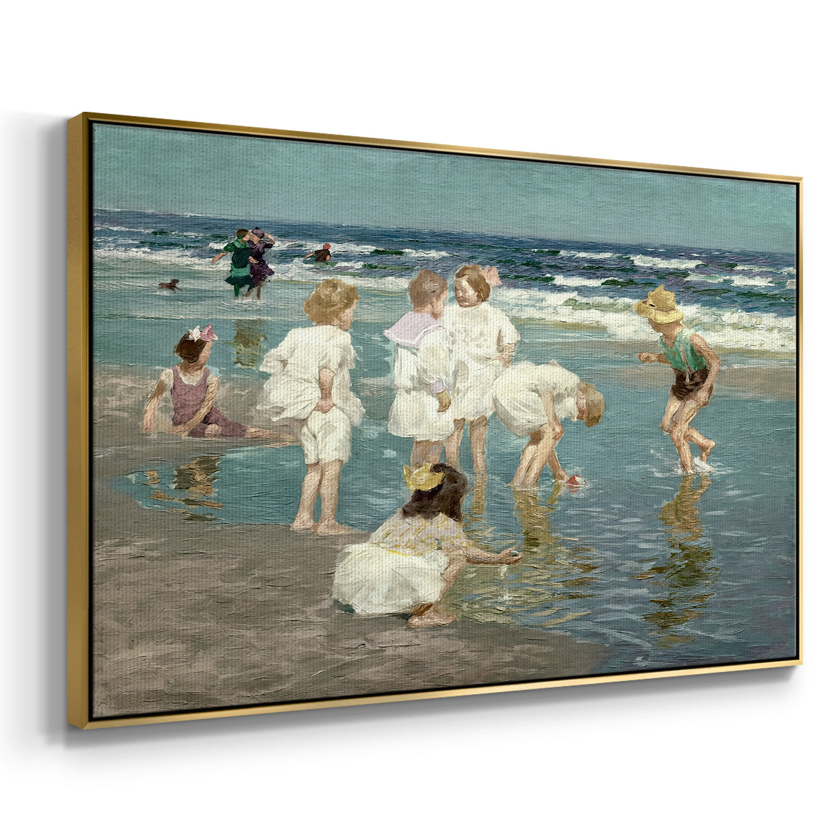 Angled view of A Holiday, c. 1915 by Edward Henry Potthast in a gold floater framed canvas.