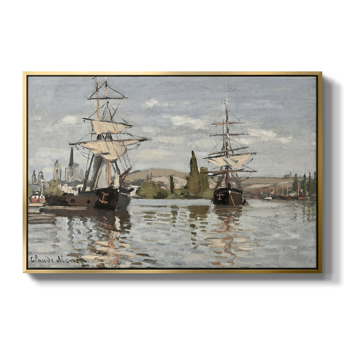 Ships Riding on the Seine at Rouen, 1872 by Claude Monet in a gold floater framed canvas wall art display.