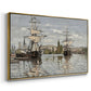 Angled view of Ships Riding on the Seine at Rouen, 1872 by Claude Monet in a gold floater framed canvas.