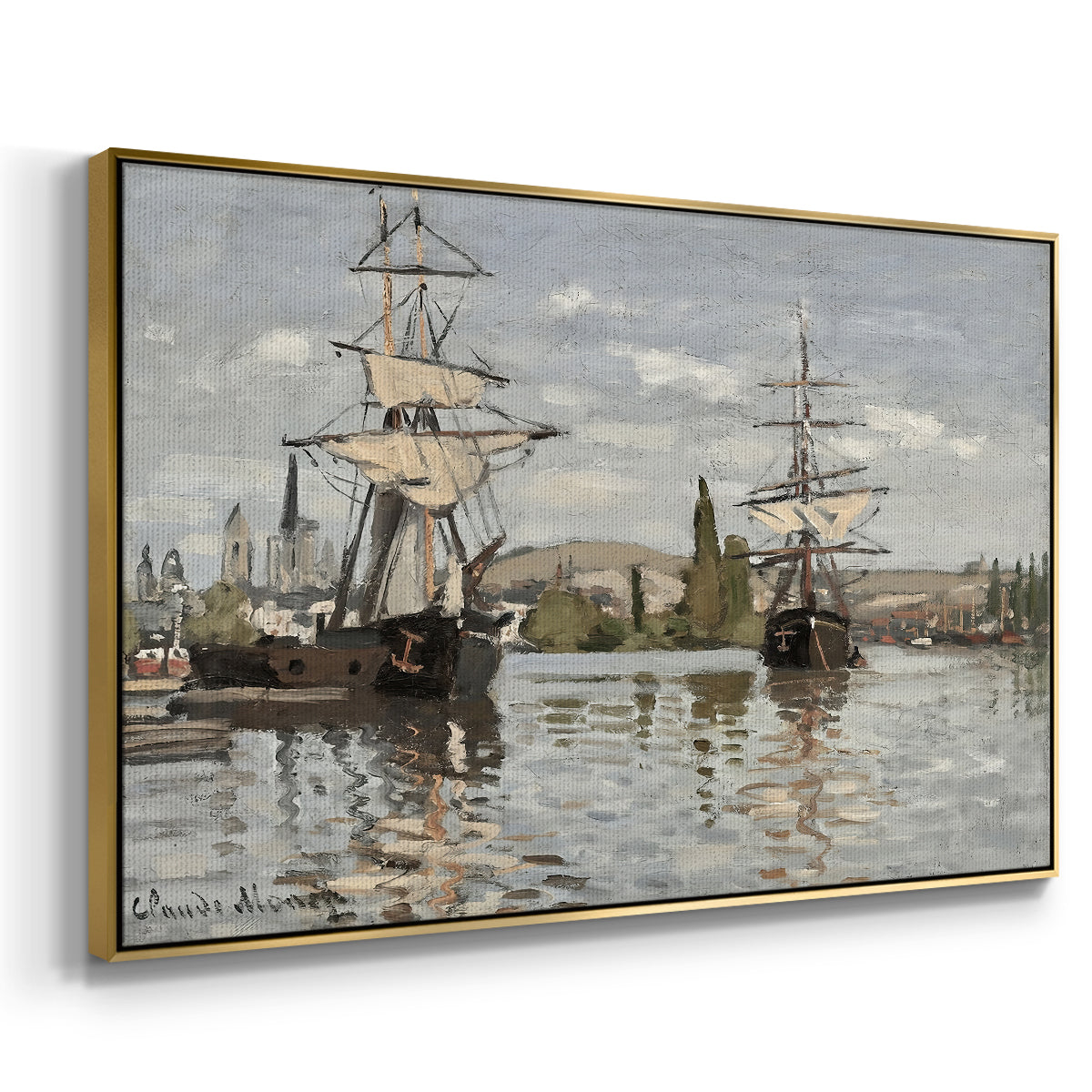 Angled view of Ships Riding on the Seine at Rouen, 1872 by Claude Monet in a gold floater framed canvas.