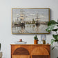Ships Riding on the Seine at Rouen, 1872 by Claude Monet in a gold floater framed canvas featuring large ships docked along the Seine with masts rising against soft sky, displayed above a wood console cabinet.