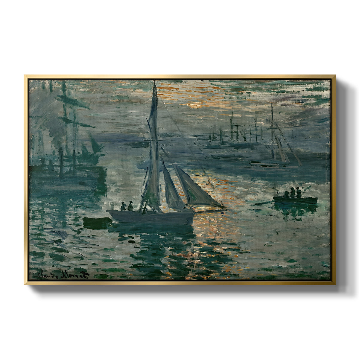Sunrise (Marine), 1873 by Claude Monet in a gold floater framed canvas wall art display.