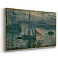 Angled view of Sunrise (Marine), 1873 by Claude Monet in a gold floater framed canvas.