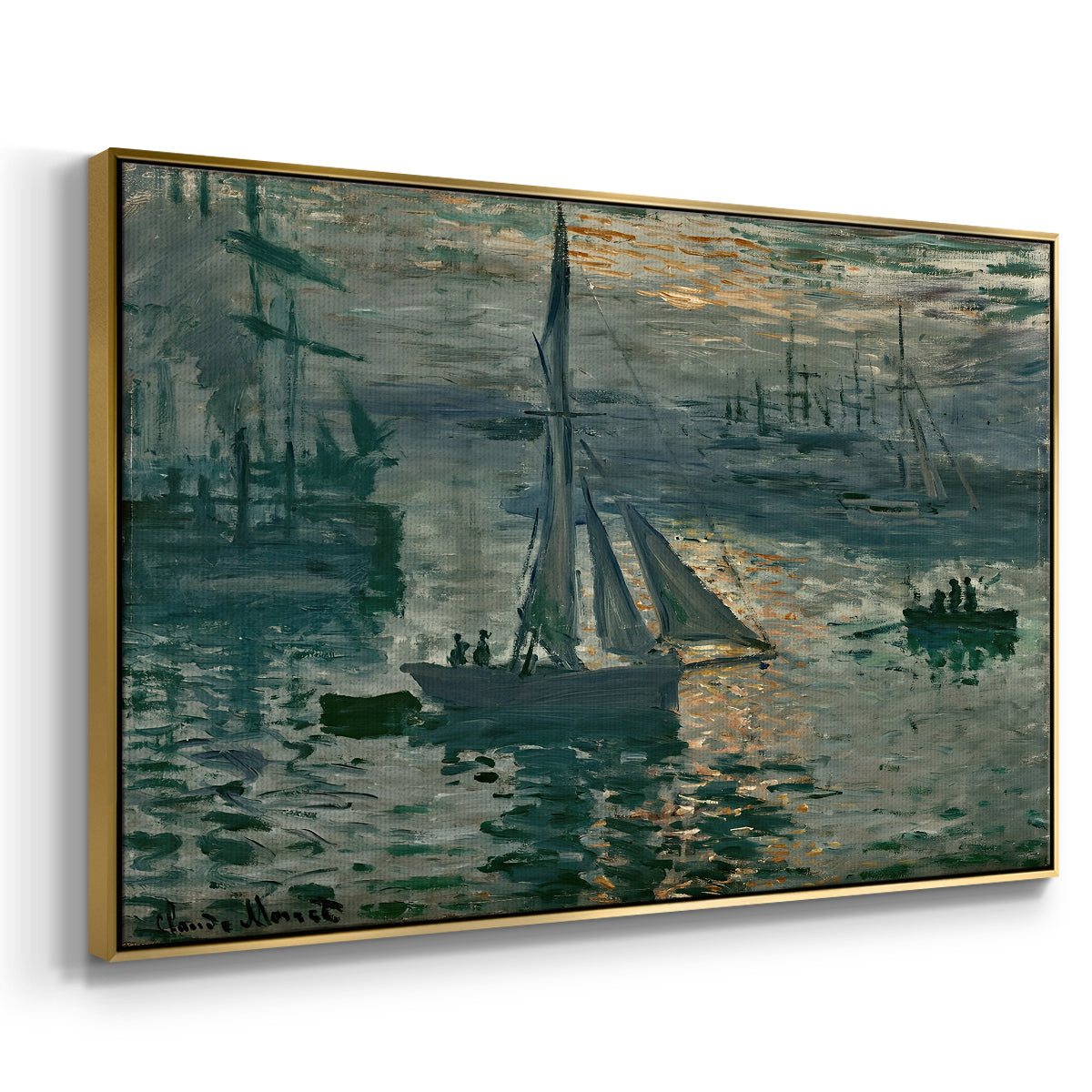 Angled view of Sunrise (Marine), 1873 by Claude Monet in a gold floater framed canvas.