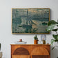 Sunrise (Marine), 1873 by Claude Monet in a gold floater framed canvas featuring a hazy sunrise over harbor with boats silhouetted in soft morning light, displayed above a wood console cabinet.