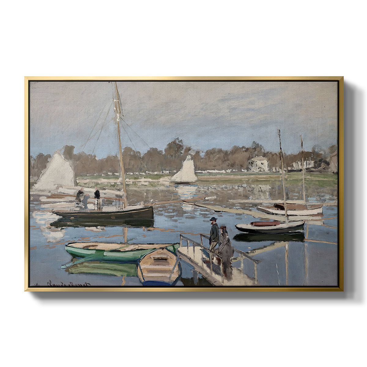 The Basin at Argenteuil, 1874 by Claude Monet in a gold floater framed canvas wall art display.