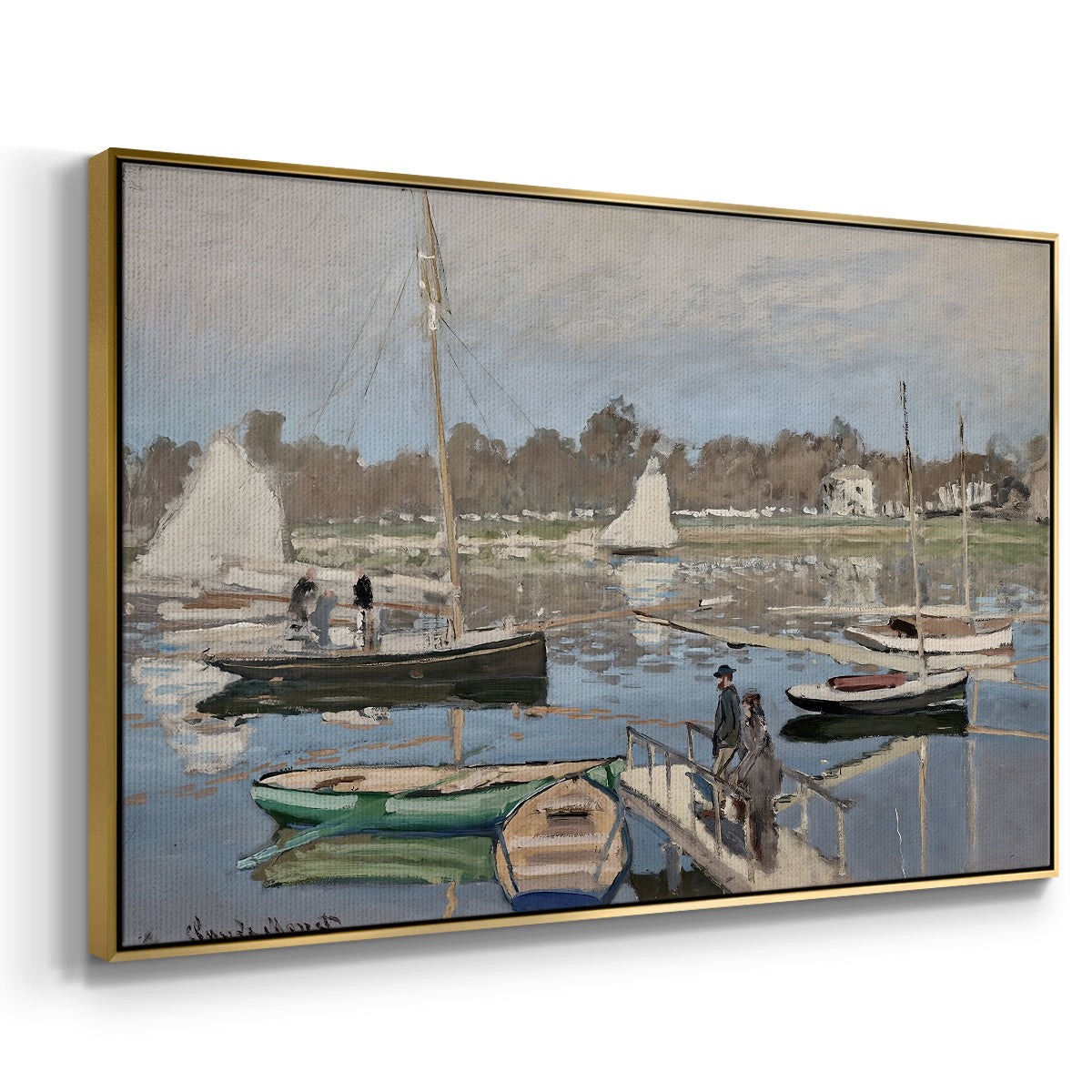 Angled view of The Basin at Argenteuil, 1874 by Claude Monet in a gold floater framed canvas.